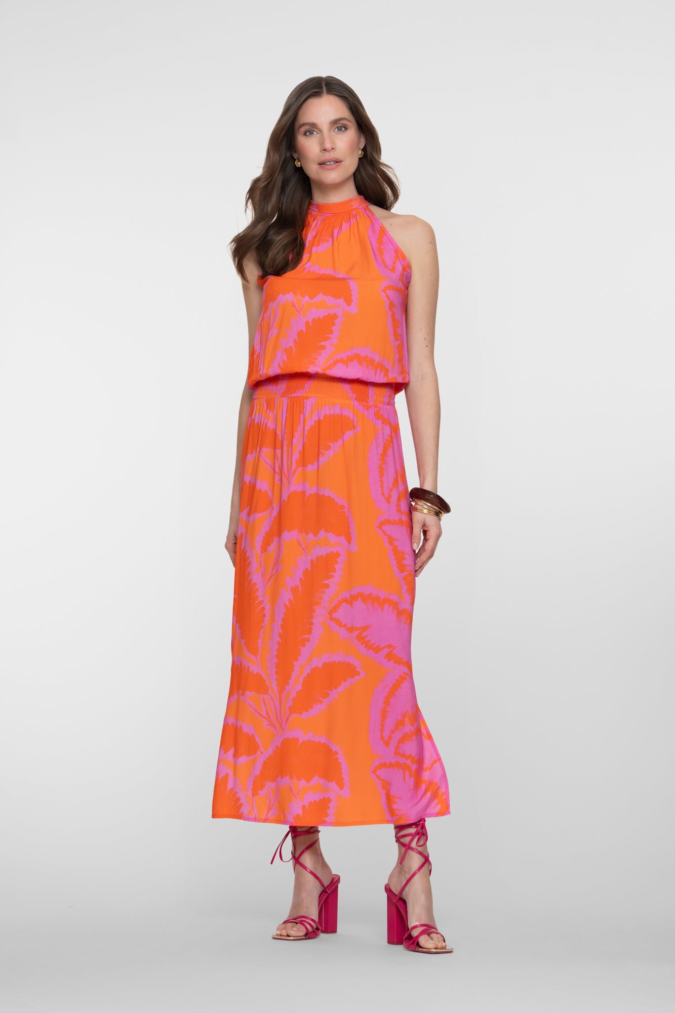 Geisha maxi halterjurk met palmblad print