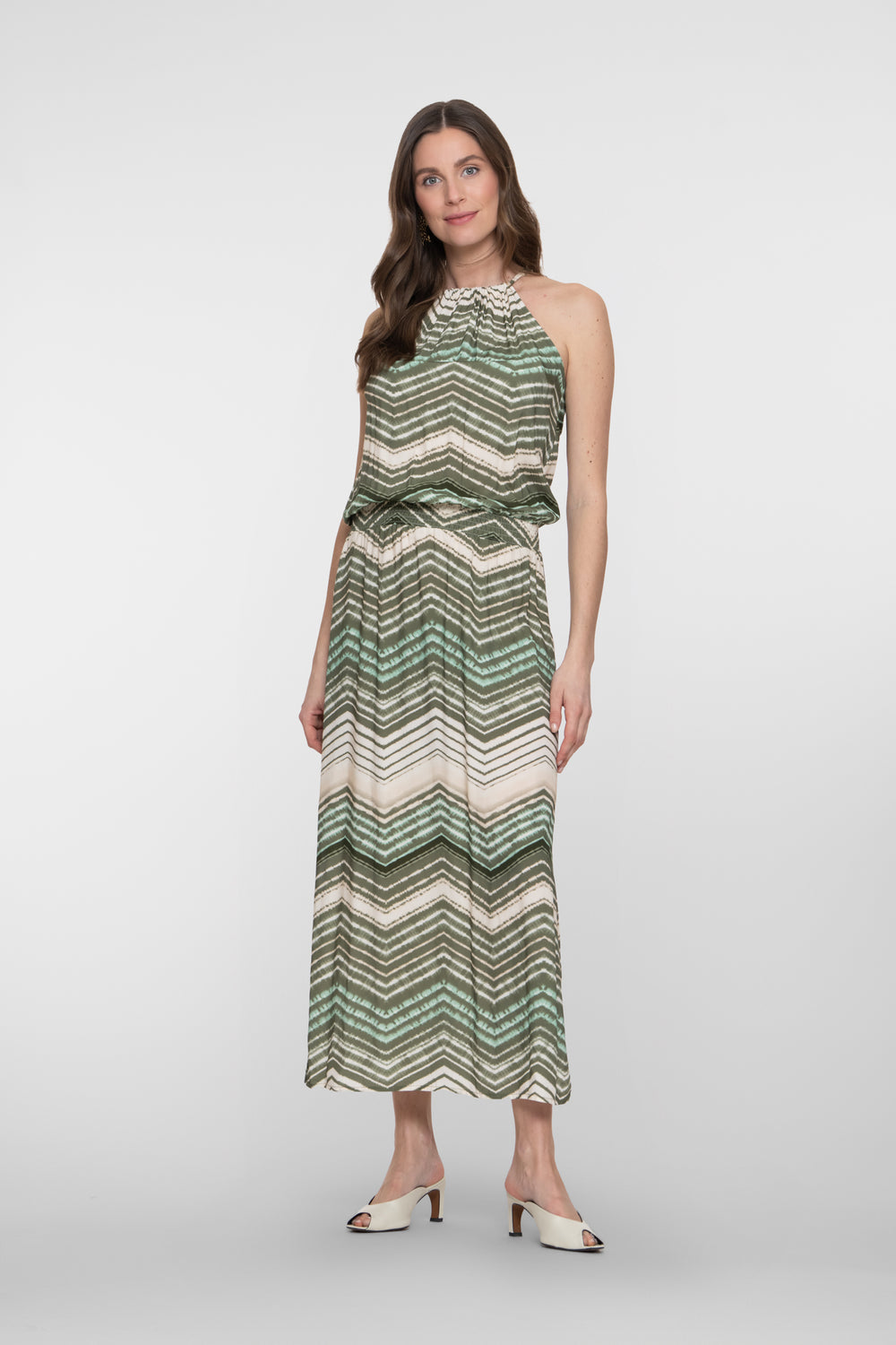 Geisha groene maxi jurk met zigzag dessin