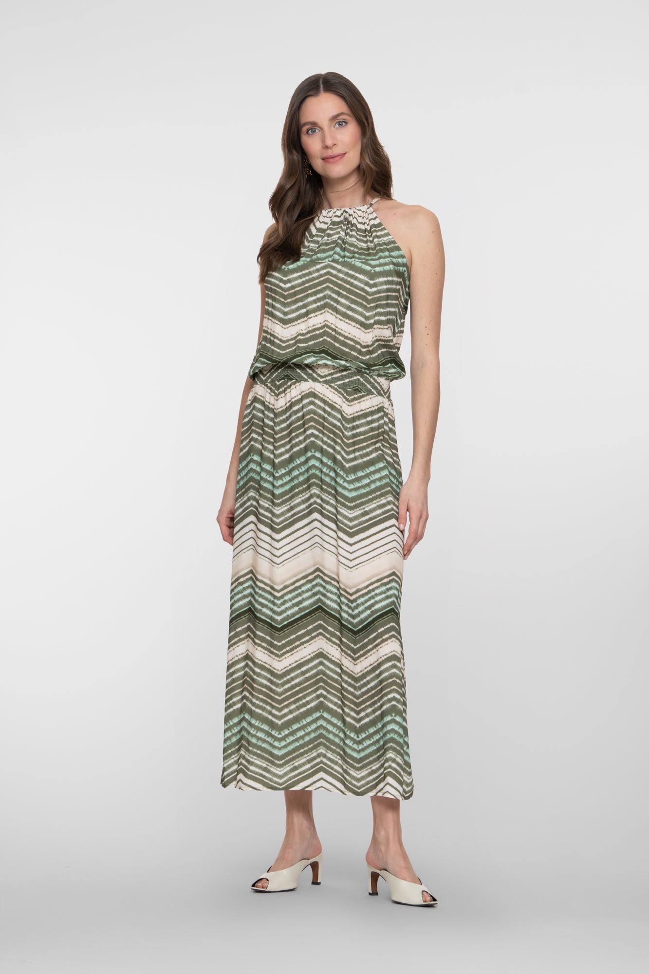 Geisha groene maxi jurk met zigzag dessin