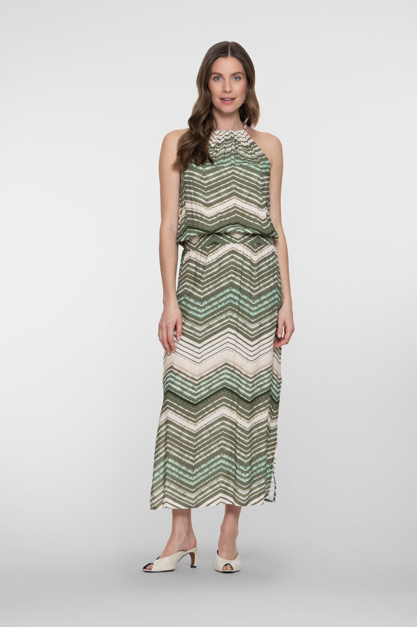 Geisha groene maxi jurk met zigzag dessin