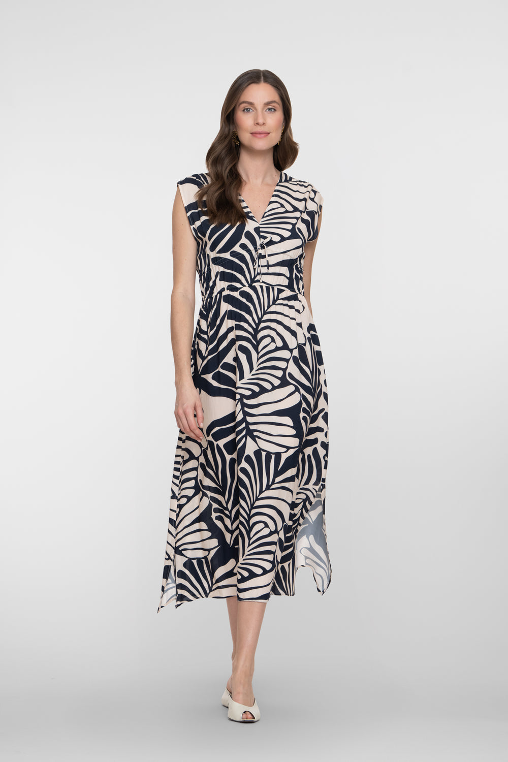 Geisha navy midi jurk met bladprint