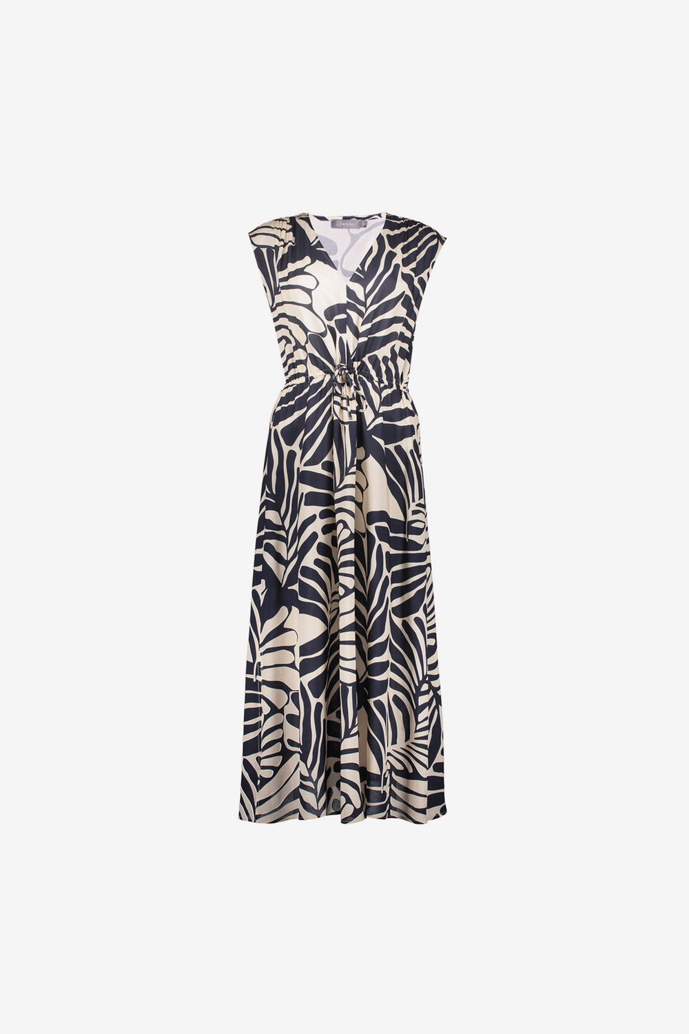Geisha navy midi jurk met bladprint