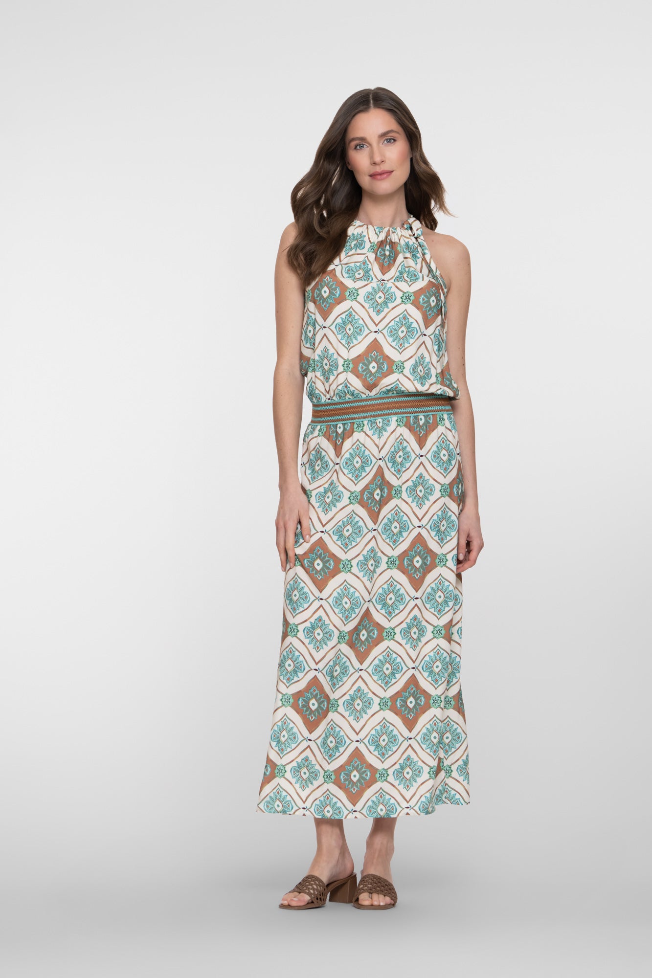 Geisha maxi jurk met halterhals en grafische print