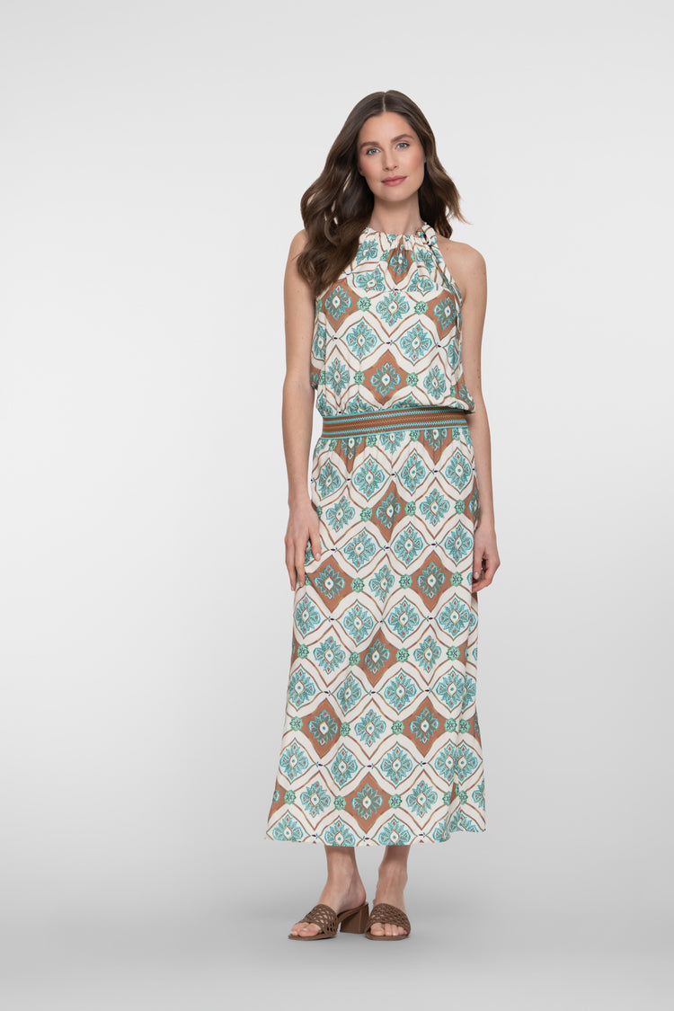 Geisha maxi jurk met halterhals en grafische print