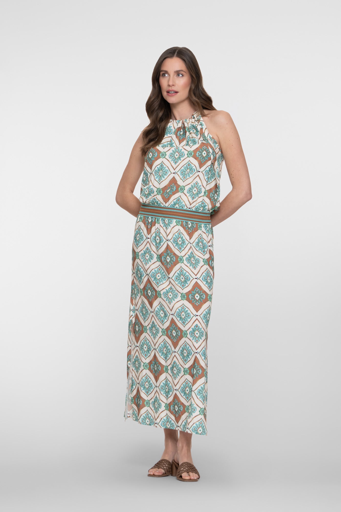 Geisha maxi jurk met halterhals en grafische print