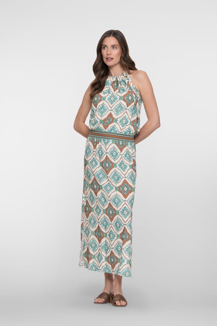 Geisha maxi jurk met halterhals en grafische print