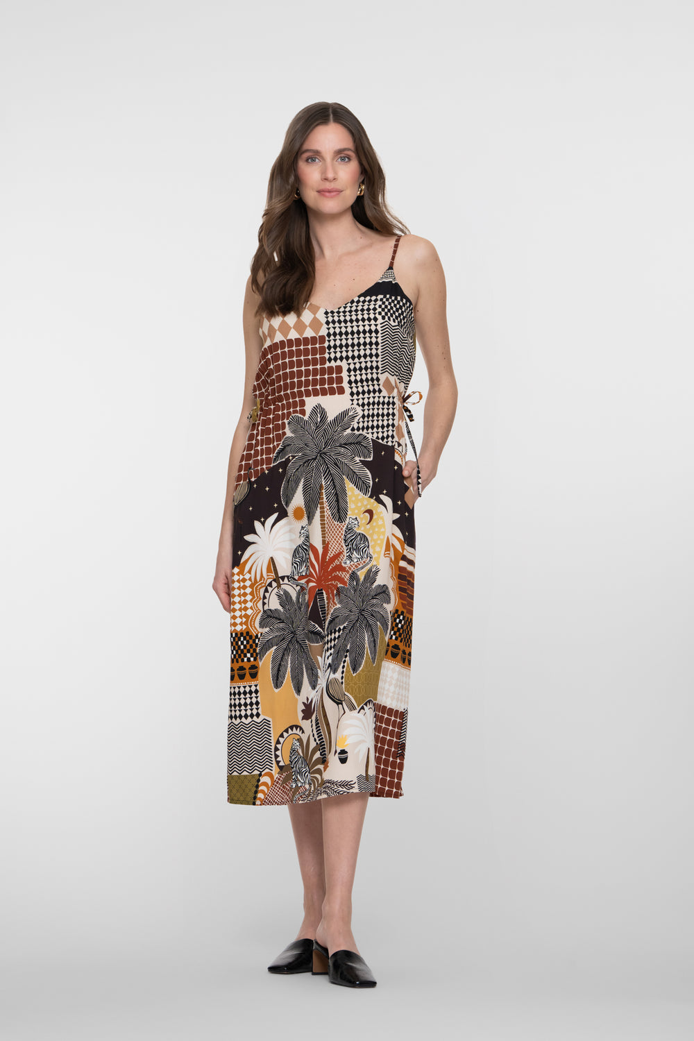 Geisha multicolor midi jurk met grafische print en spagetthibandjes