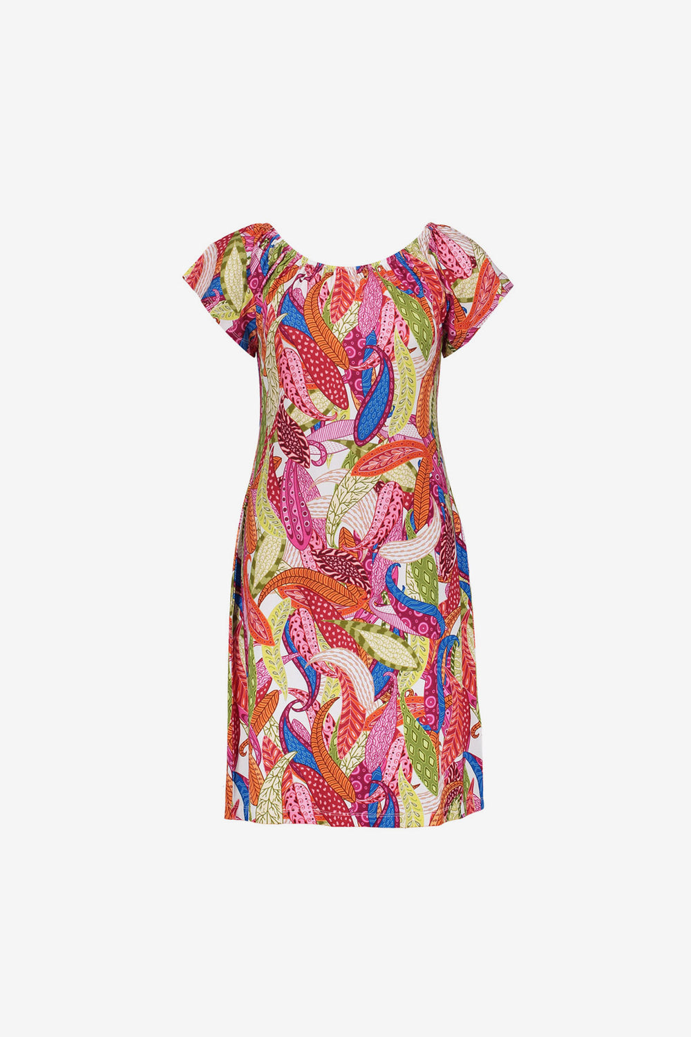 Geisha jurk met kleurrijke print en elastische halslijn