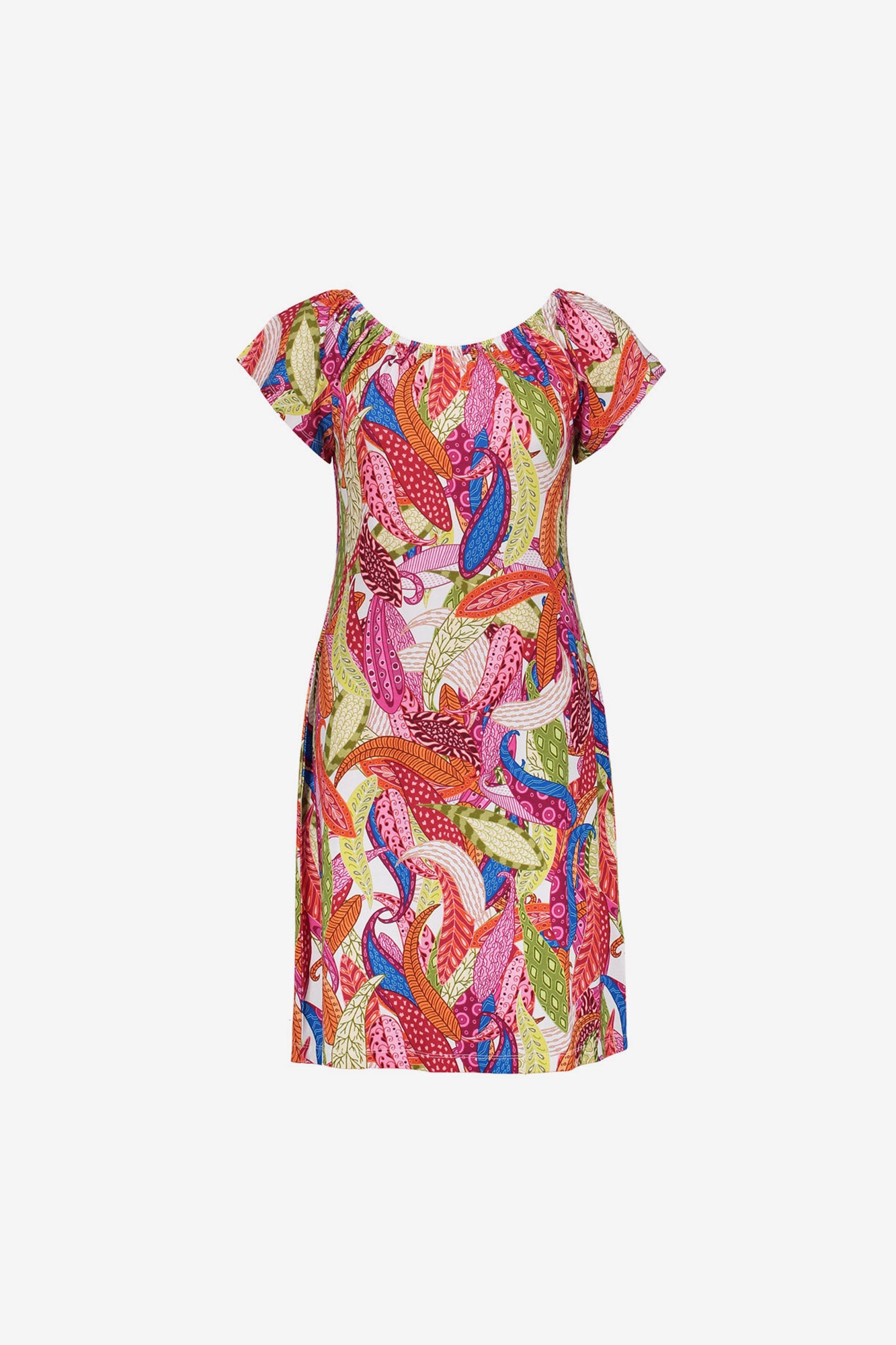 Geisha jurk met kleurrijke print en elastische halslijn
