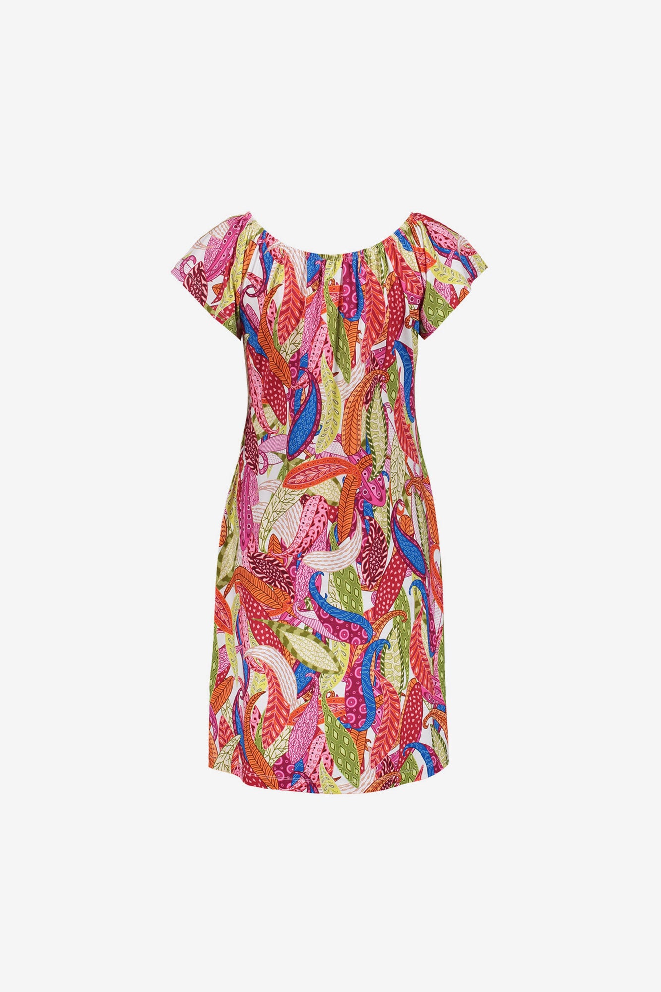 Geisha jurk met kleurrijke print en elastische halslijn