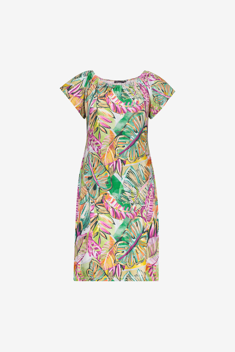 Geisha jurk met kleurrijke print en elastische halslijn