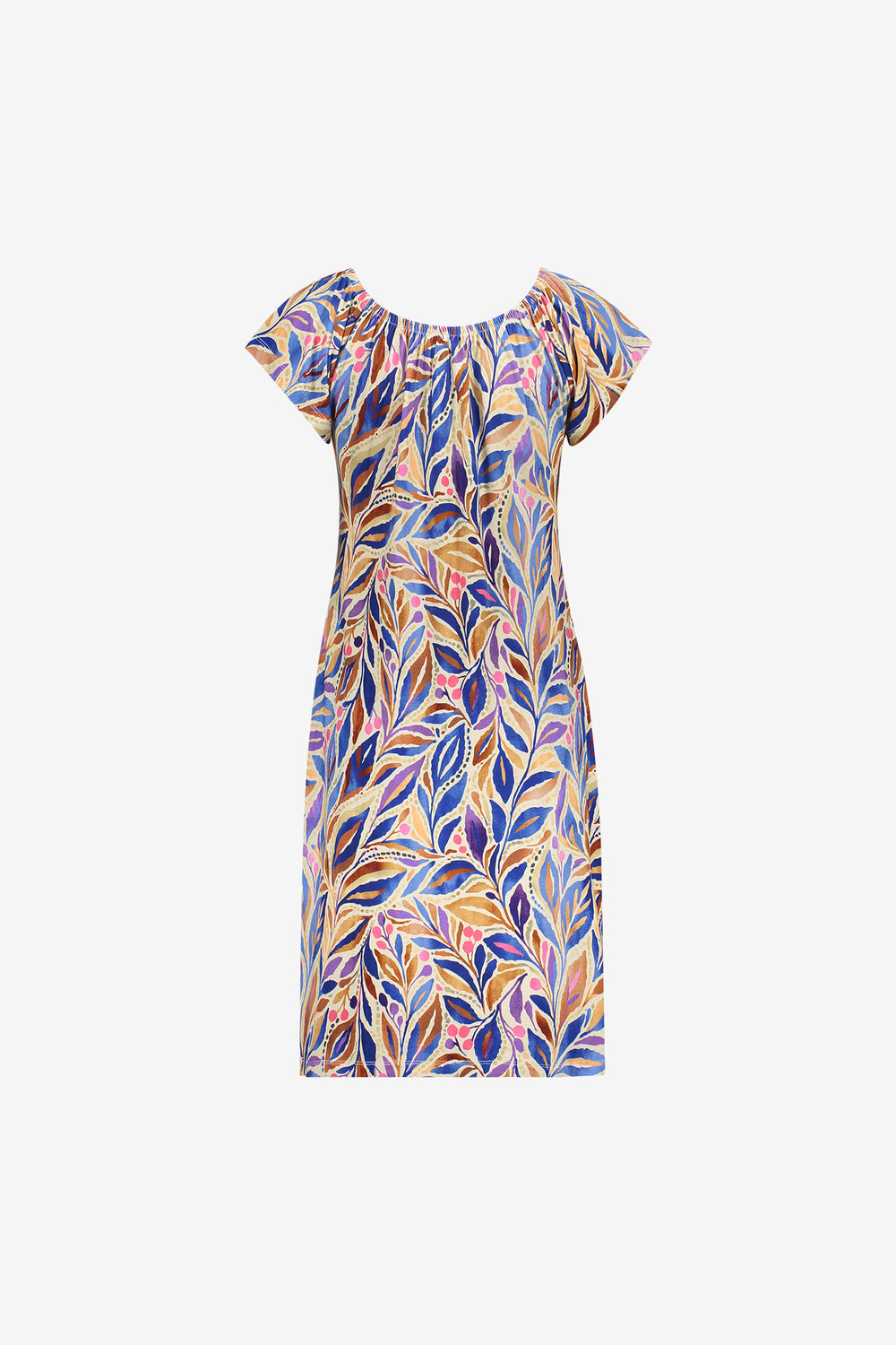 Geisha jurk met kleurrijke print en elastische halslijn