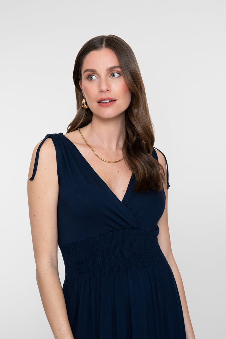 Geisha maxi jurk met overslag hals en gesmokte taille