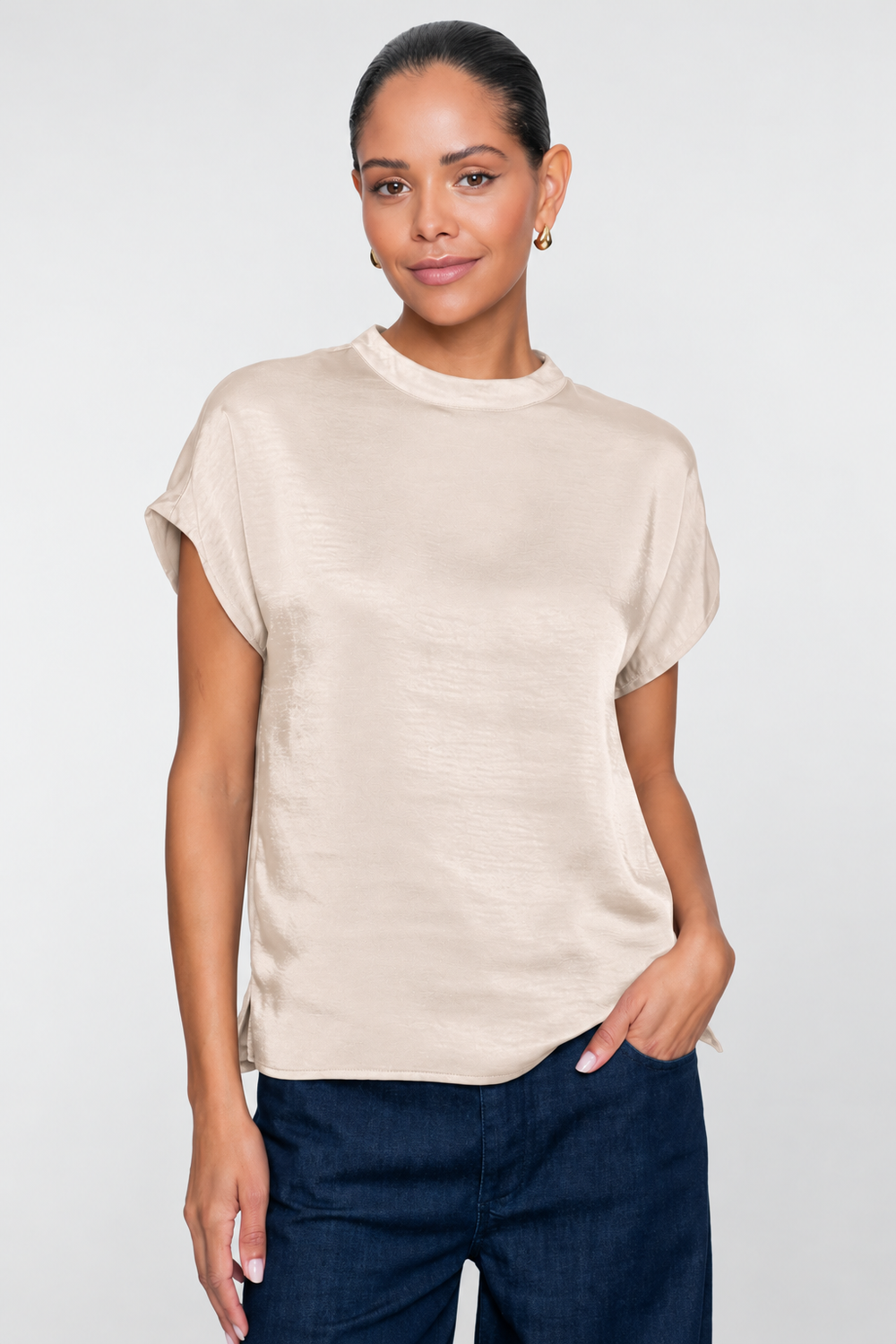 Geisha dames top met satijnlook en aangeknipte mouwen